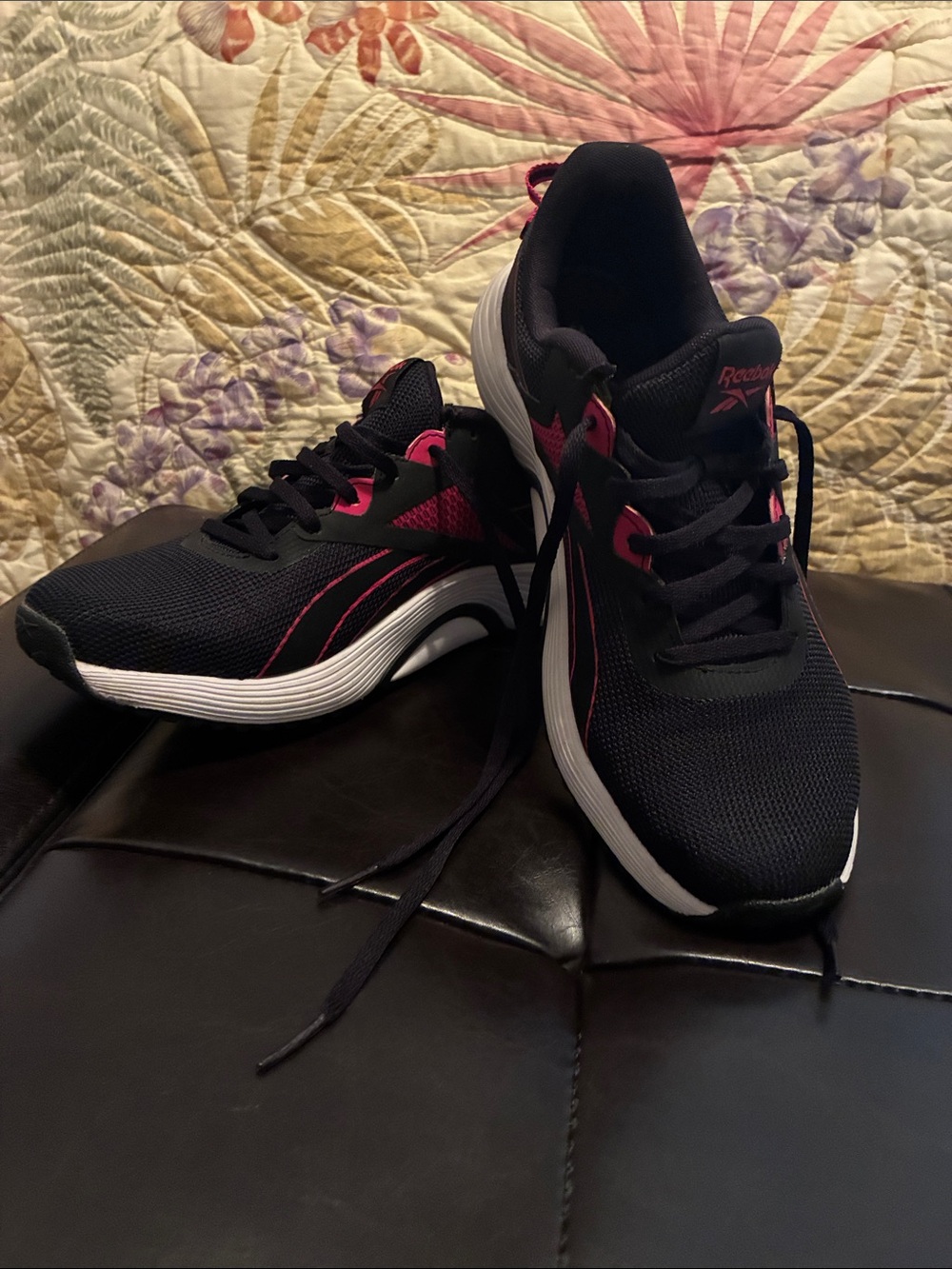 Reebok Black and Pink Mesh Lace-Up Sneakers